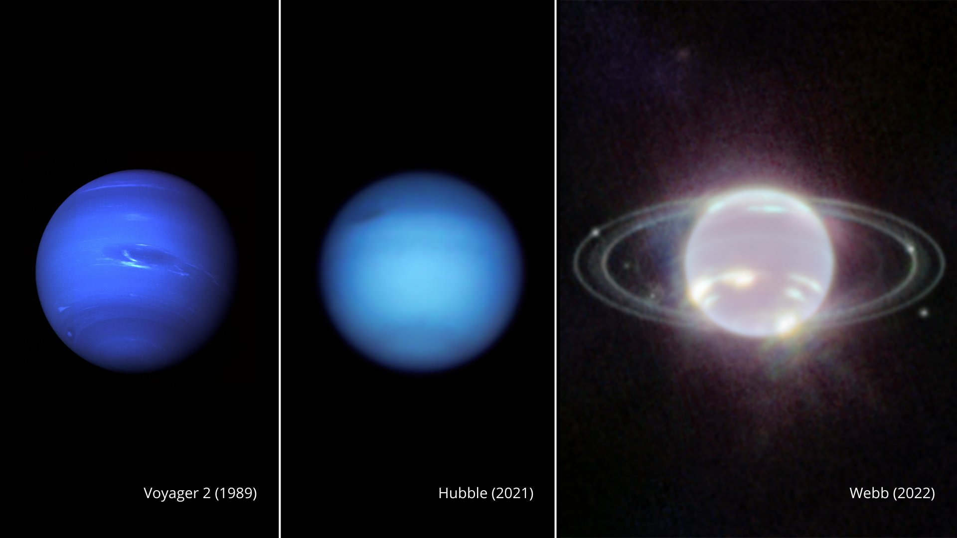 مقایسه تصاویر وویجر ۲ و هابل و جیمز وب از نپتون